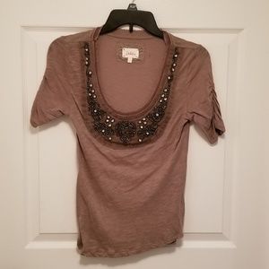 Anthropologie Tan Beaded Short Sleeve Tee